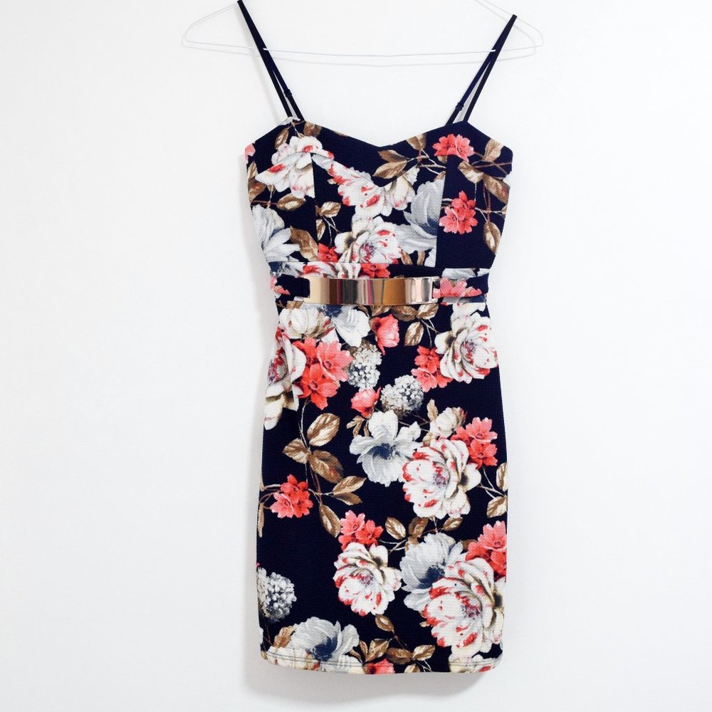 Navy Floral Bodycon Mini Dress with Reflective Gold Mirror Plated Belt | Size S